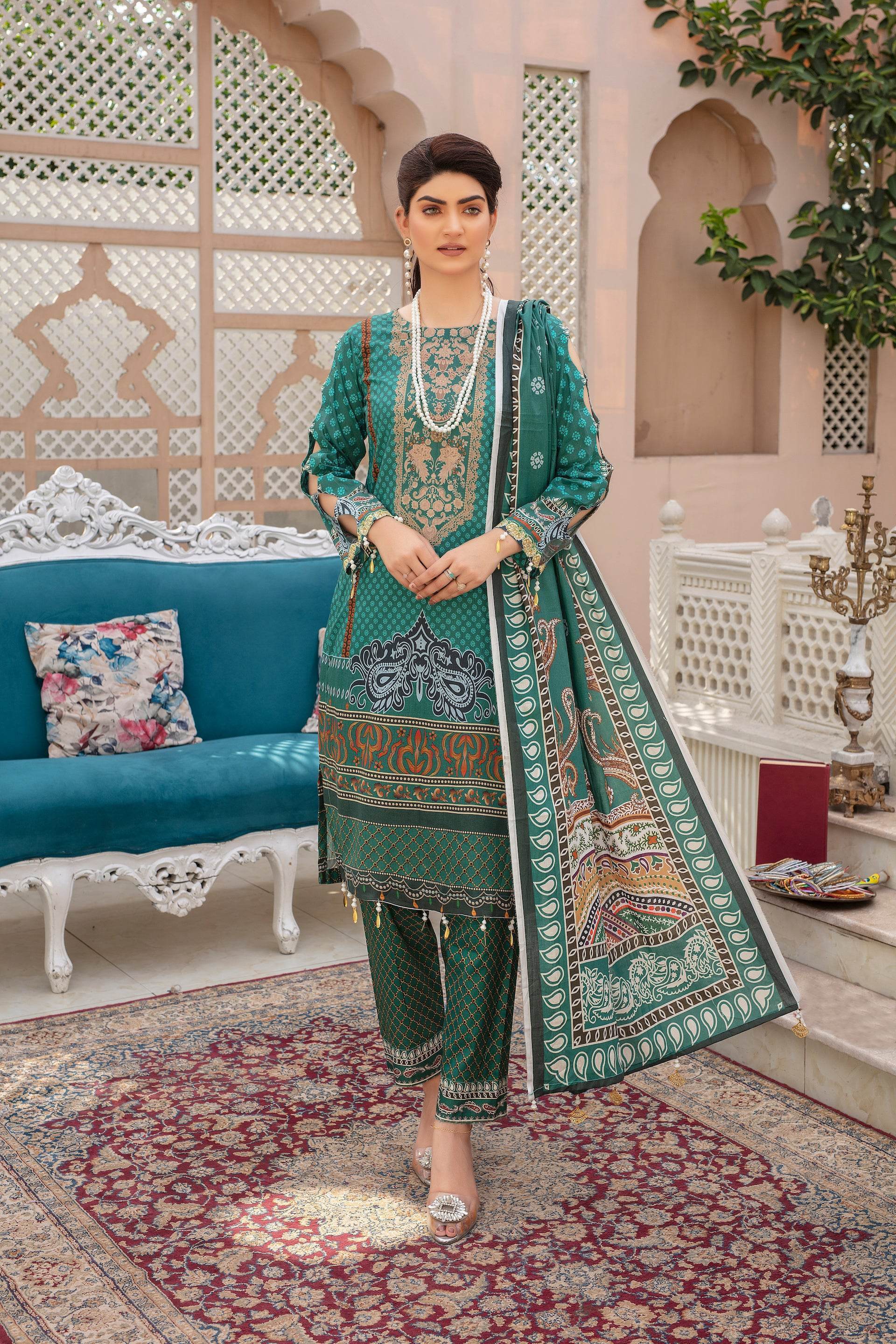 Emerald - 03 Piece Unstitched Digital Print with Lawn Dupatta - Ayzal Minal