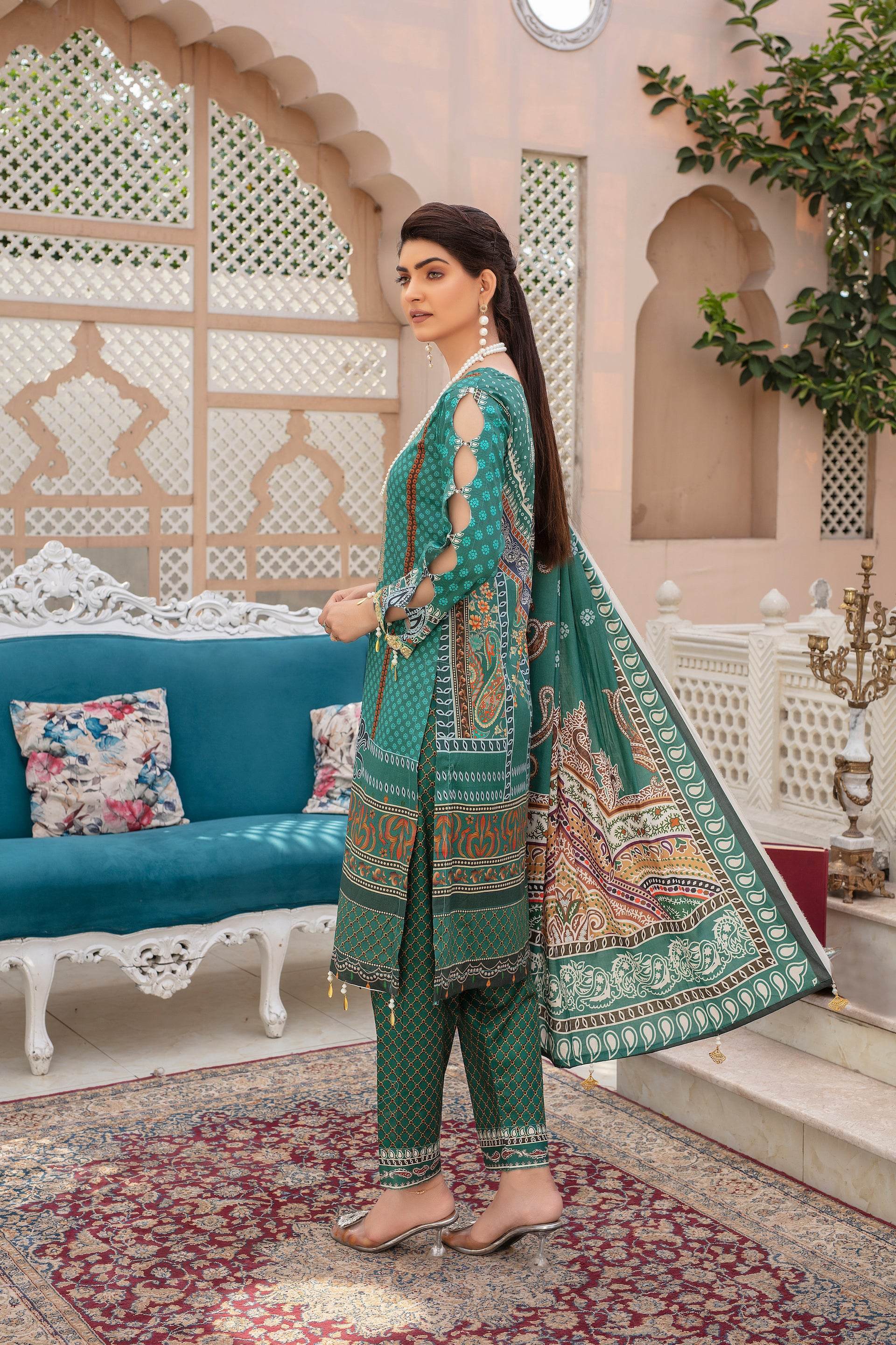 Emerald - 03 Piece Unstitched Digital Print with Lawn Dupatta - Ayzal Minal