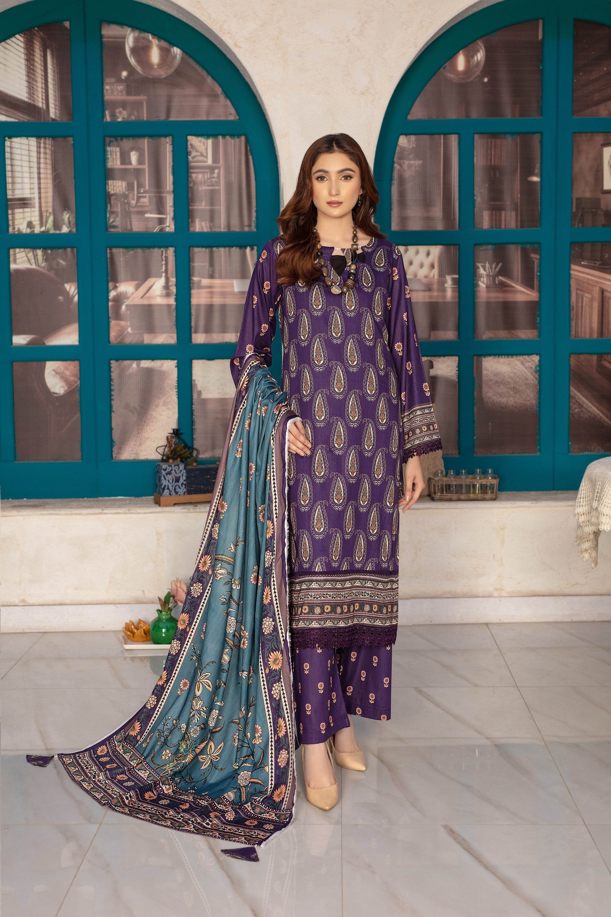 Allure- 03 Piece Unstitched Digital Print with Lawn Dupatta - Ayzal Minal