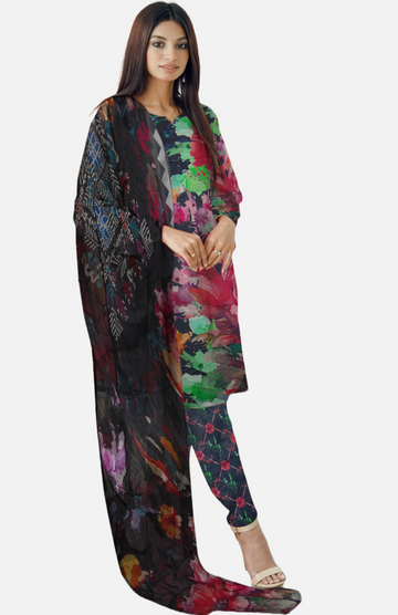 Midnight Garden - 03 Piece Unstitched Digital Print with Bamber Dupatta