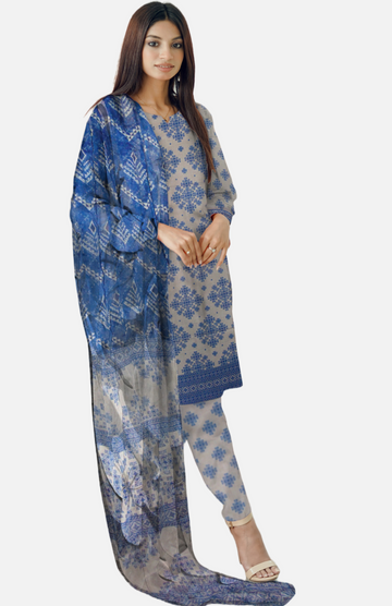 Azure Elegance - 03 Piece Unstitched Digital Print with Bamber Dupatta