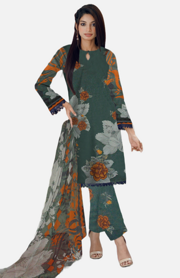 Forest Flora - 03 Piece Unstitched Digital Print with Bamber Dupatta