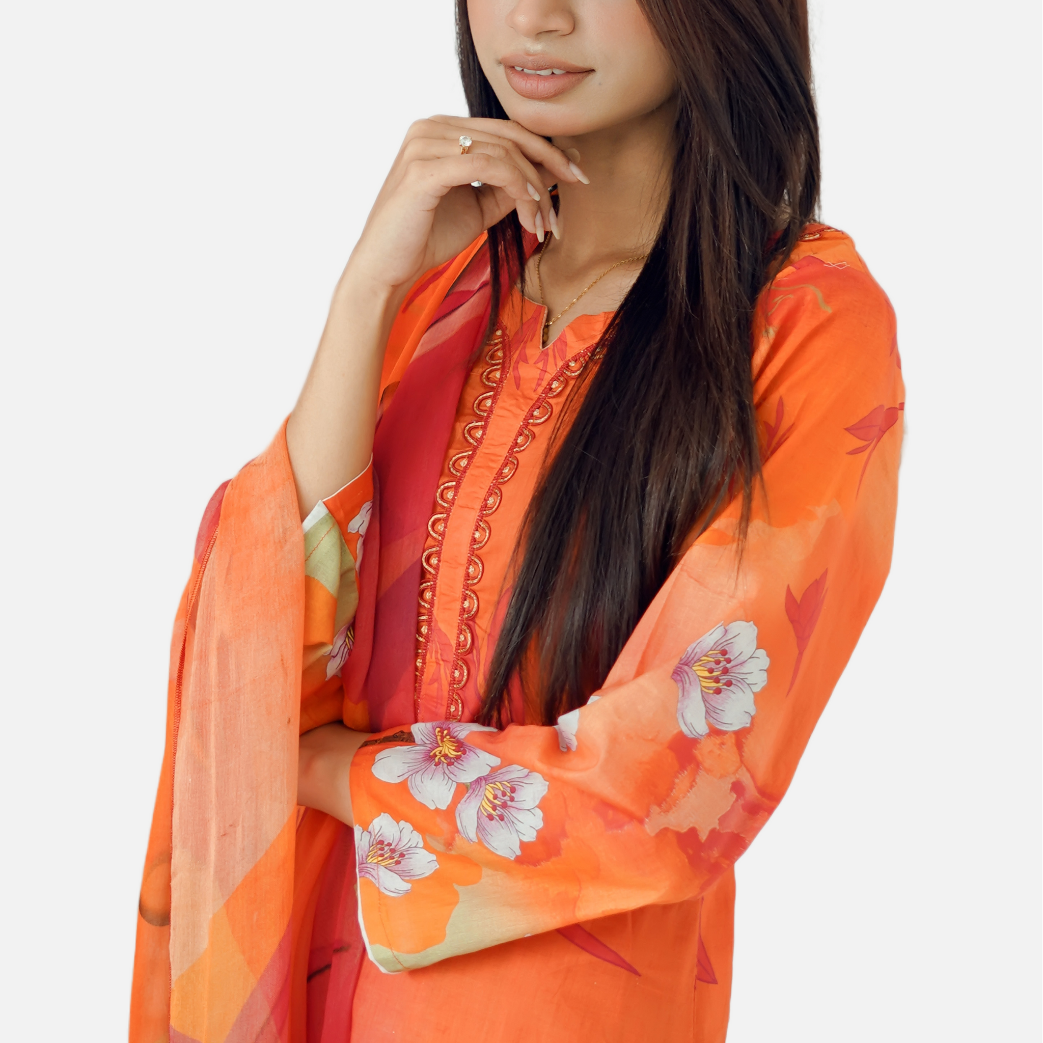 Tangerine Tranquility - 03 Piece Unstitched Digital Print with Bamber Dupatta
