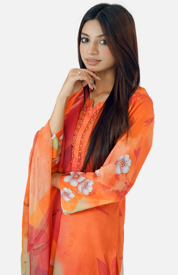 Tangerine Tranquility - 03 Piece Unstitched Digital Print with Bamber Dupatta