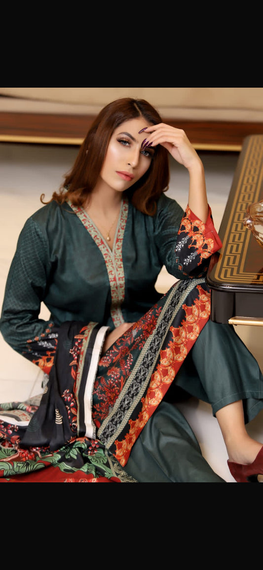 Verdure - 03 Piece Unstitched Digital Print Suit with Embroidered Neck & Lawn Dupatta