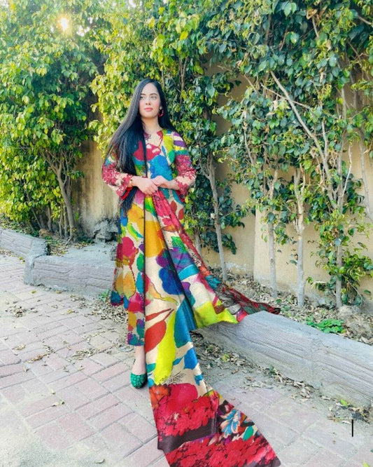 Colorburst Charm - 03 Piece Unstitched Digital Print with Lawn Dupatta - Ayzal Minal